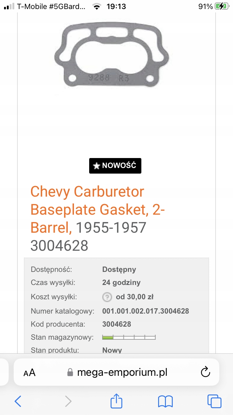 Chevy Carburetor Baseplate Gasket, 2-Barrel, 1955-1957 3004628, Σε απόθεμα στην ΕΕ — φωτο 1